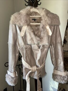 bebe Metallic Fur Trim leather Coat